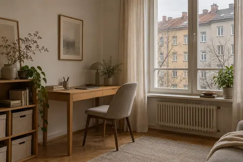 Home office corner with an oak desk