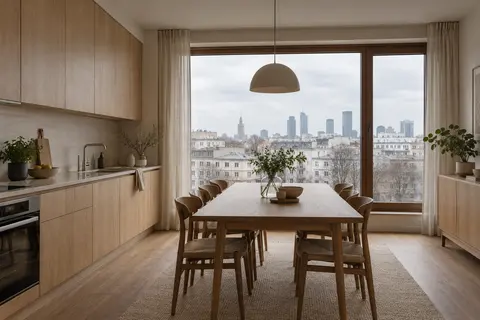 Kitchen and dining space with a long table and six chairs