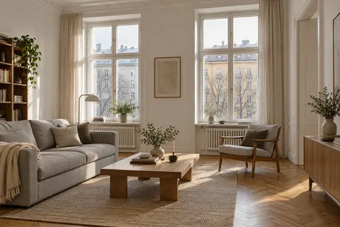 Bright living room with a grey sofa and an oak coffee table