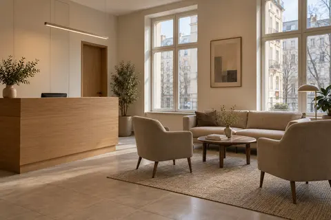 Office reception with an oak desk and a low sofa