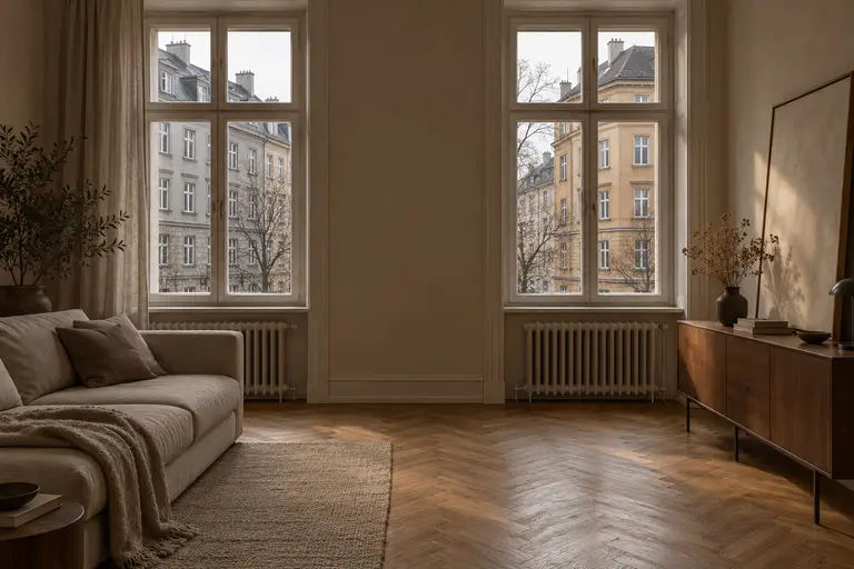 Quiet living room in a Warsaw apartment with a linen sofa and a walnut sideboard