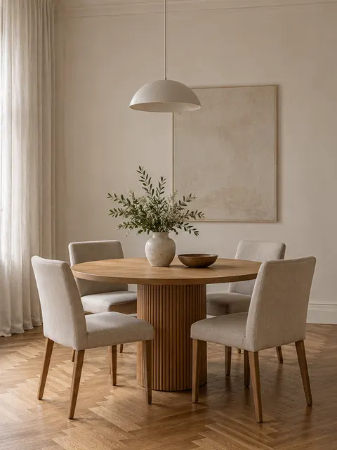 Round oak dining table with four upholstered chairs