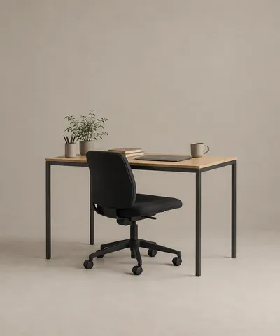 Oak-top office desk with a black task chair