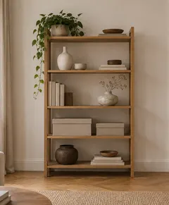 Open oak bookshelf with ceramics